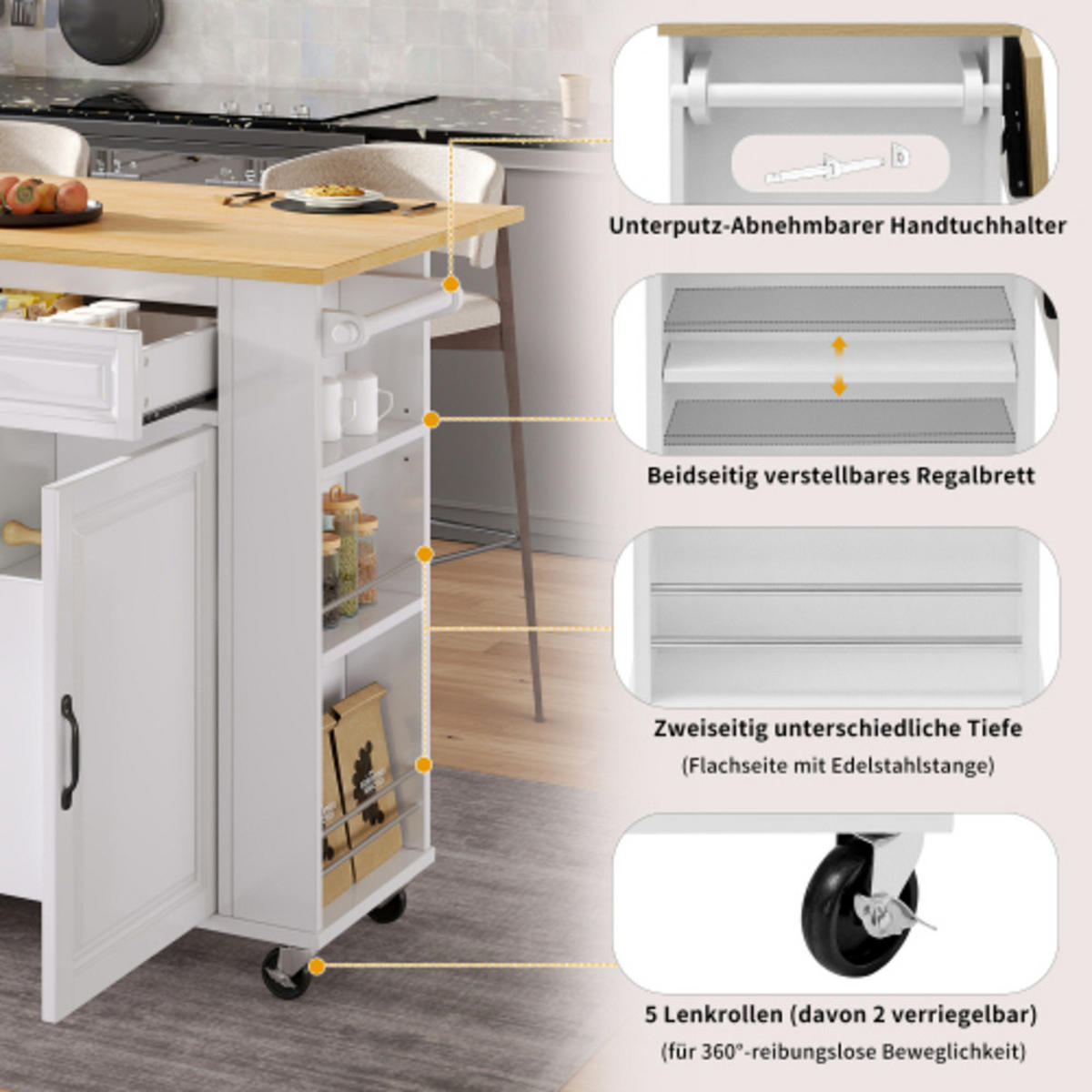 KÜCHENINSEL mit klappbarer Arbeitsplatte & Mülleimerfach weiß-natur 120×40-70×92 cm aus MDF - Weiß, Holzwerkstoff (120/92/70cm) - Luhomfu