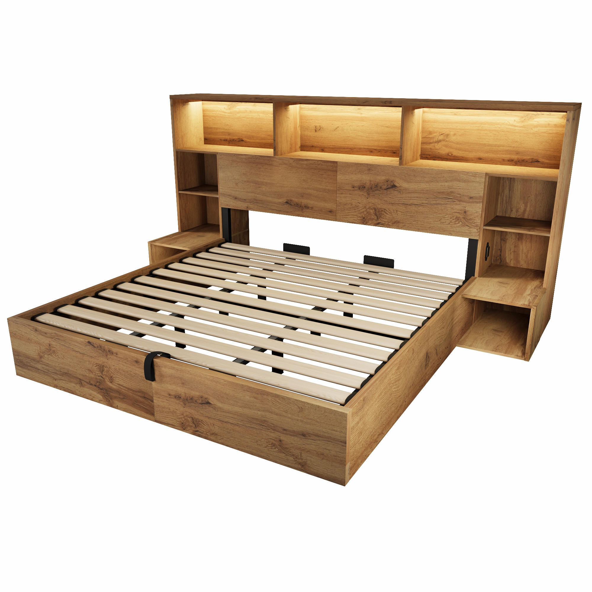 STAURAUMBETT 180/200 cm DE-00801, in Eiche, Hydraulik und Nachttischen - Eichefarben, Holz (180/200cm) - ComfortXL