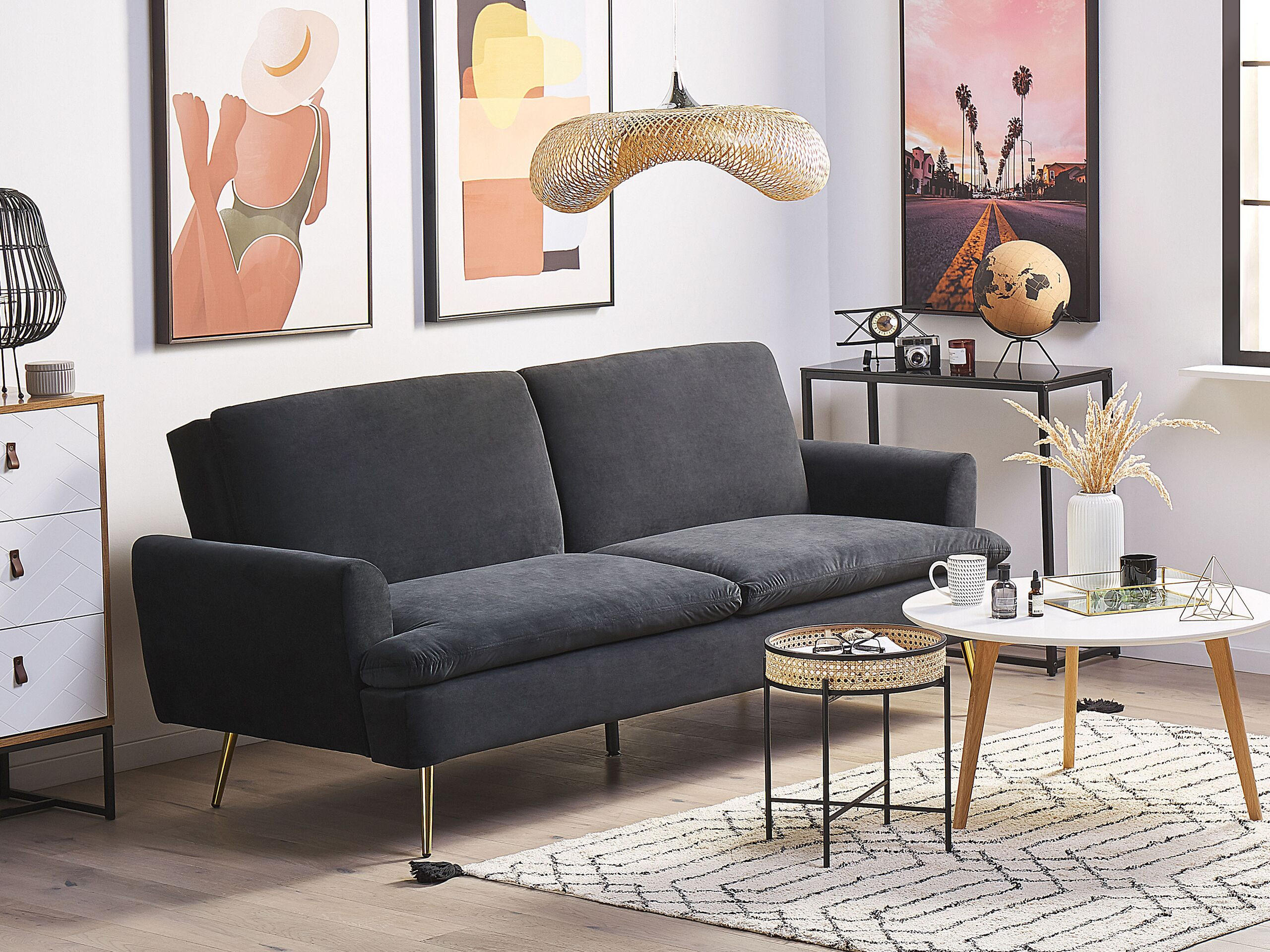 3-SITZER-SCHLAFSOFA Samtstoff Schwarz Vettre - Schwarz, Textil (210/88/84cm) - Beliani