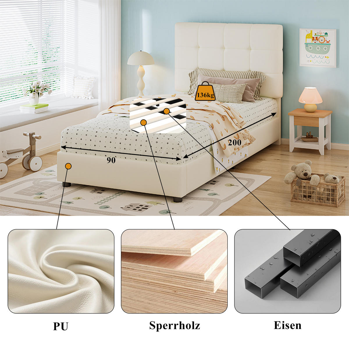 POLSTERBETT 90/200 cm Beige mit Keksförmigem Kopfteil aus PU und Eisen - Beige, Holzwerkstoff (90/200cm) - OKWISH