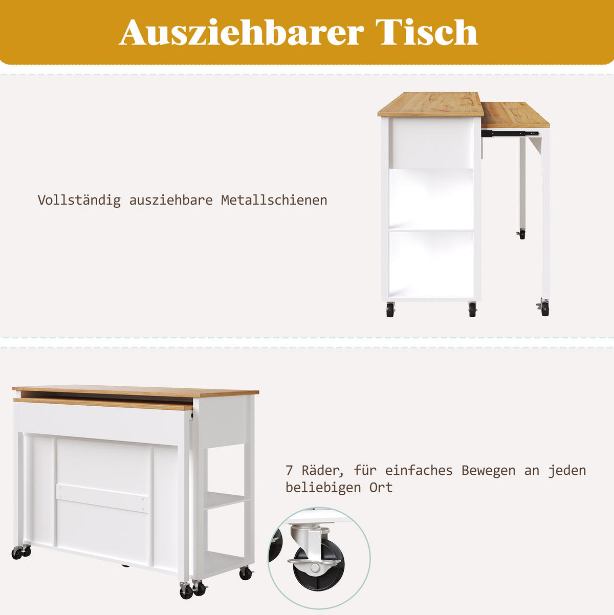 MOBILER Servierwagen 120x81.5x92cm Weiß mit 2 Schubladen & 7 Rollen - Weiß, Holzwerkstoff (120/92/81.5cm) - Modfu