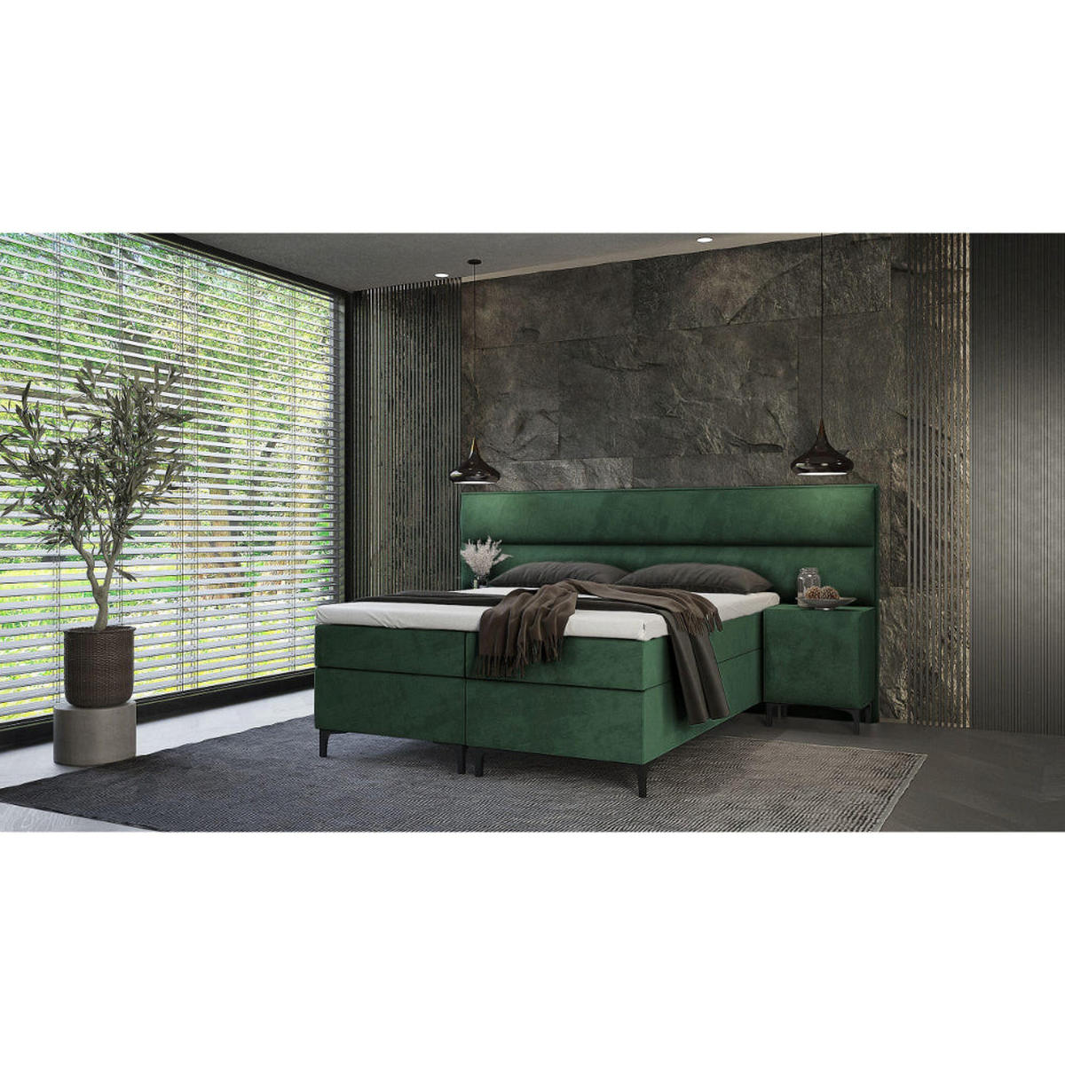 BOXBETT Tito Bonellfederkern inkl. 2x Nachttisch und Topper T-30 - BOXBETT mit Bettkasten - Dunkelgrün, Holz/Holzwerkstoff (160/200cm) - Best For Home