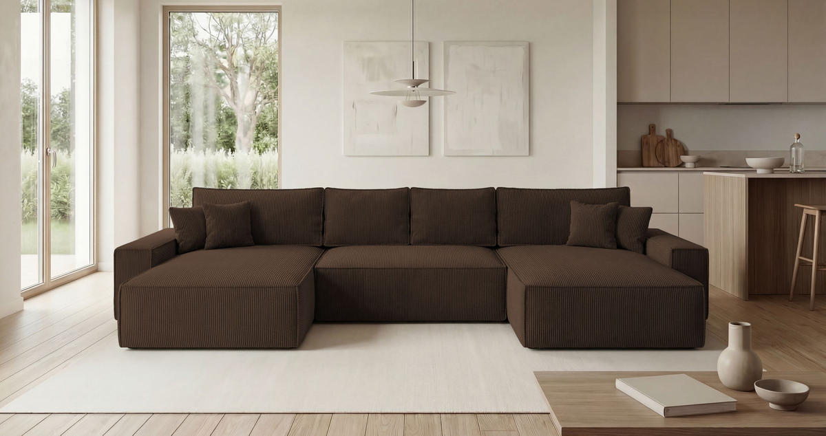 ECKSOFA CALIFORNIA U-Form braun Cord POSO 6 - Schlaffunktion, Bettkasten - Braun, Textil (385/185cm) - Cornero