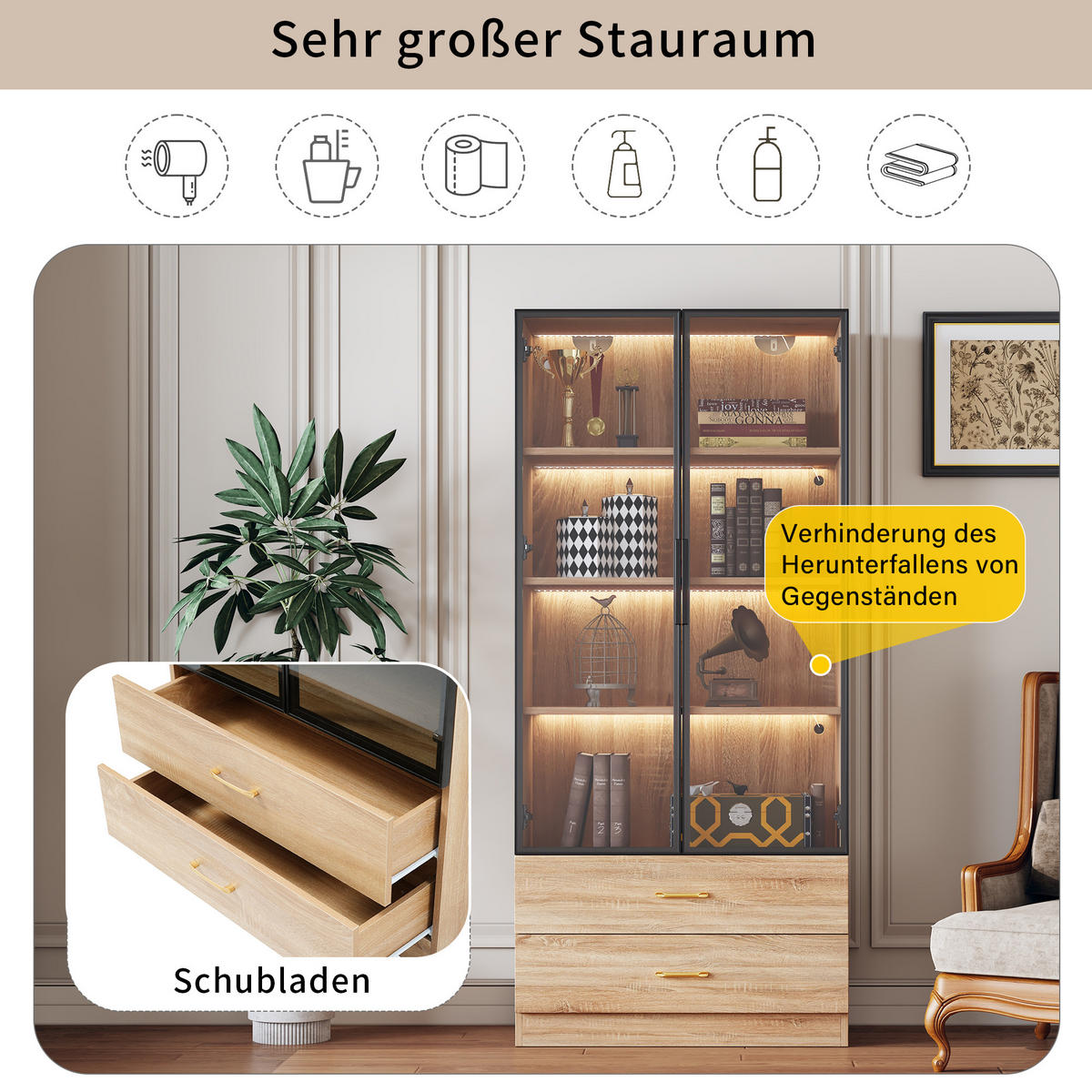 BADSCHRANK in Braun Highboard mit LED-Lichtleiste Glastür 2 große Schubladen 2 Türen , B75/T34.5/H170cm - Braun, Glas/Holzwerkstoff (75/170/34.5cm) - STILVORA