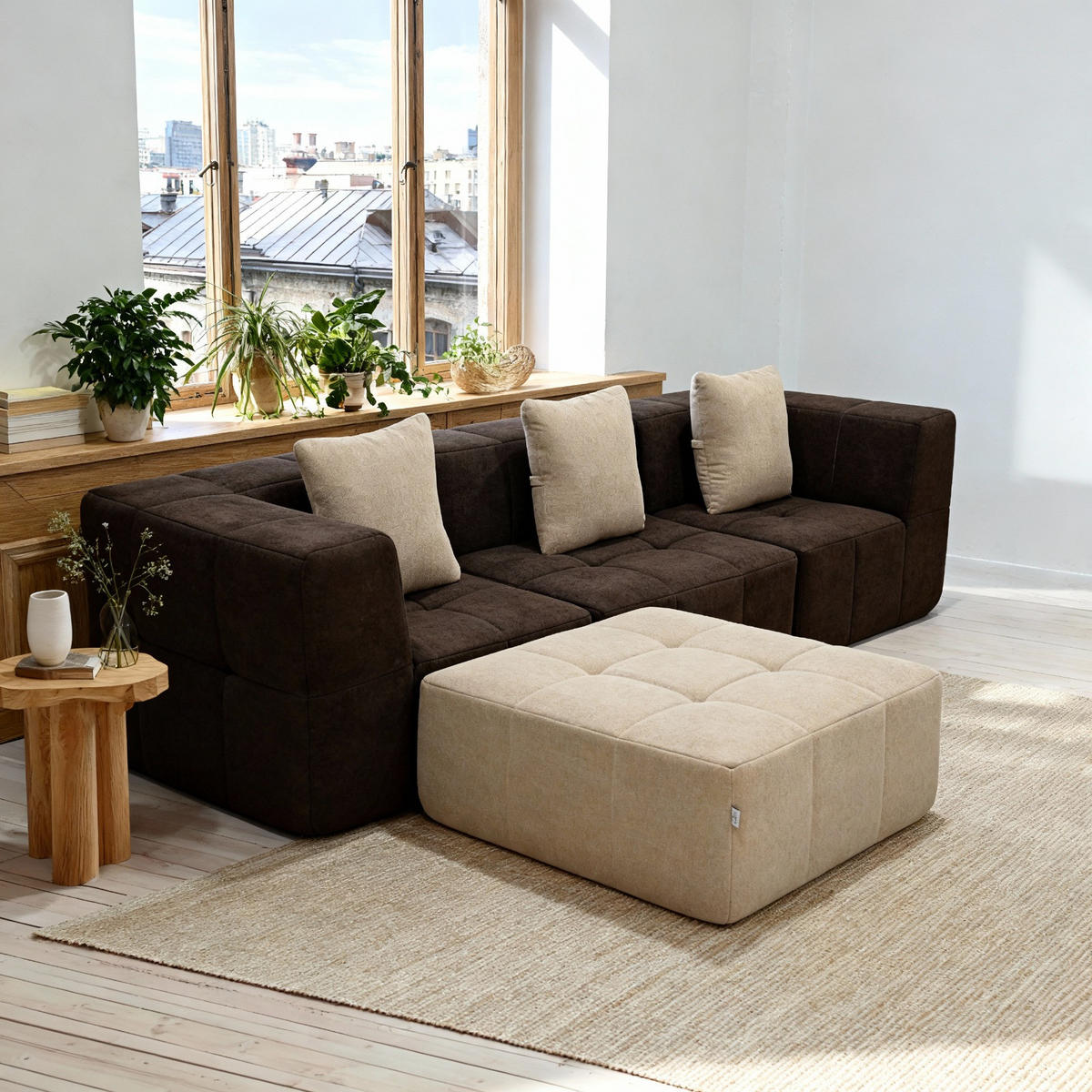 ECKSOFA Eden Komplett Braun Sand 3-Sitzer - Braun, Textil (272/71/92cm) - COCO Living