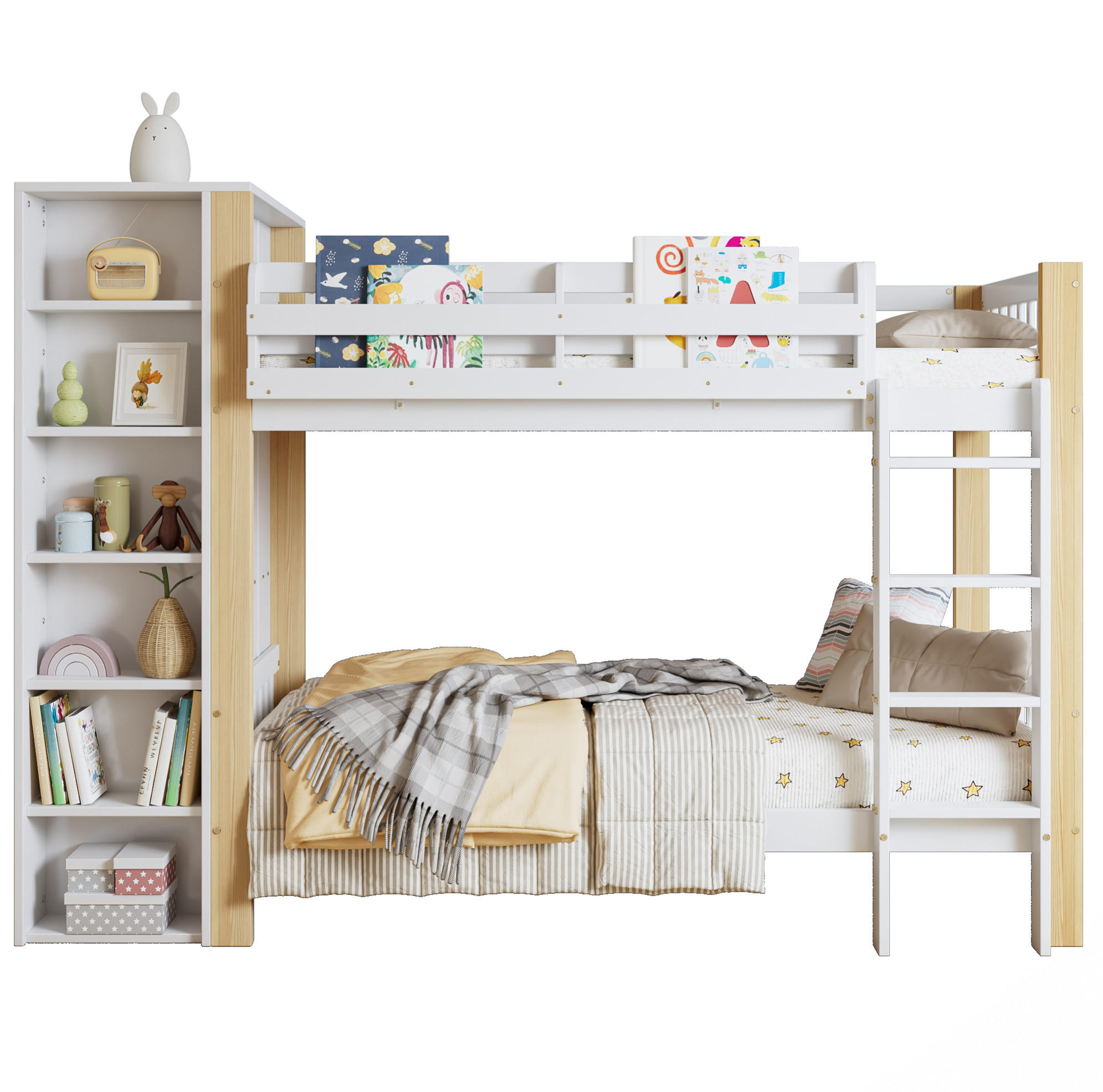 ETAGENBETT 90/200 cm aus Kiefer und MDF mit Kleiderschrank und 6 Regalen Weiß/Natur - Weiß, Holzwerkstoff (90/200cm) - Modenvie