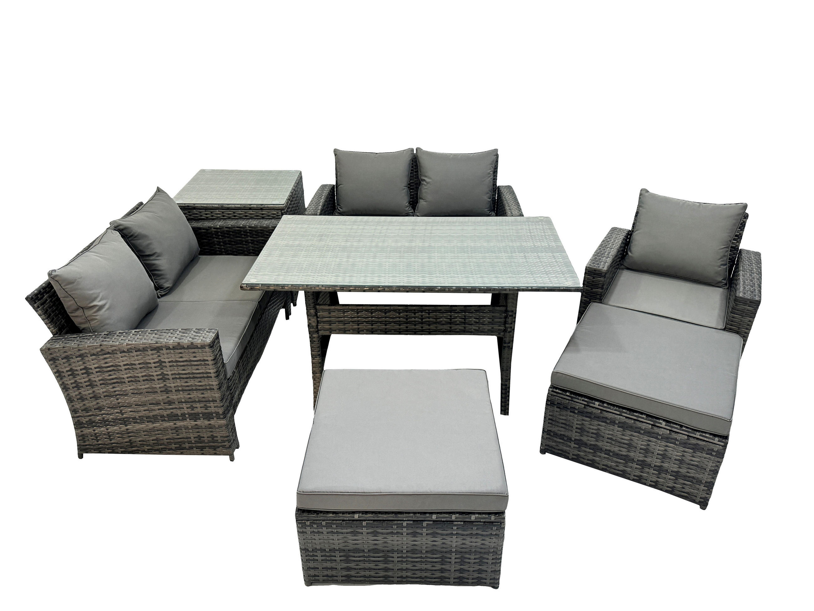 BALKONMÖBEL-SETS mit 2-Sitzer Sofa,2 große Fußhocker,Esstisch,Beistelltisch Polyrattan Dunkelgrau 7-Sitzer - Dunkelgrau/Grau, Glas/Kunststoff - Fimous