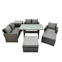 BALKONMÖBEL-SETS mit 2-Sitzer Sofa,2 große Fußhocker,Esstisch,Beistelltisch Polyrattan Dunkelgrau 7-Sitzer - Dunkelgrau/Grau, Glas/Kunststoff - Fimous