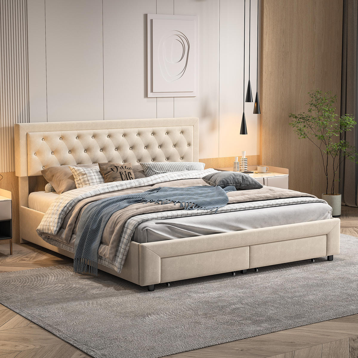 POLSTERBETT 180x200 cm Stauraum 2 Schubladen Lattenrost Samt beige - Beige, Holz (180/200cm) - LEBENLANG