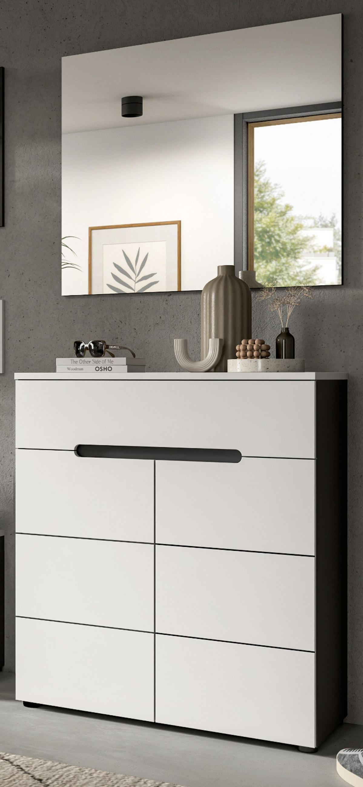 GARDEROBEN-SET 2-teilig weiß, grau, Schuhkommode und Spiegel mit Soft-Close, Cooper - Schwarz/Weiß, Glas/Holzwerkstoff (80/190/37cm) - Inn.Furn