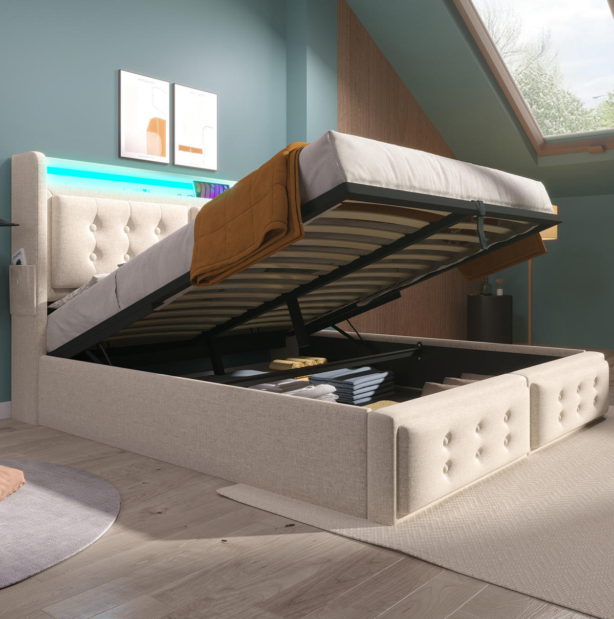 POLSTERBETT mit Stauraum, LED und USB 140x200 cm Beige - Beige, Metall (140/200cm) - Meubliv