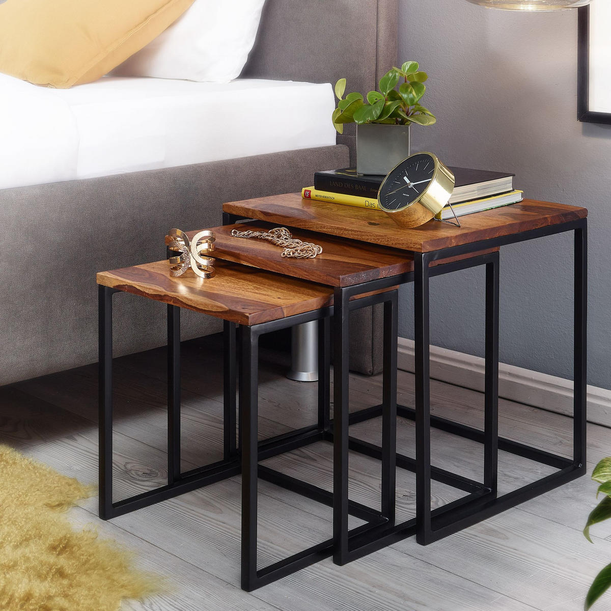 BEISTELLTISCH Set – Massivholz Metall Braun Schwarz rund 3 Größen - Schwarz/Braun, Holz/Metall (40/40/42cm) - KADIMA DESIGN