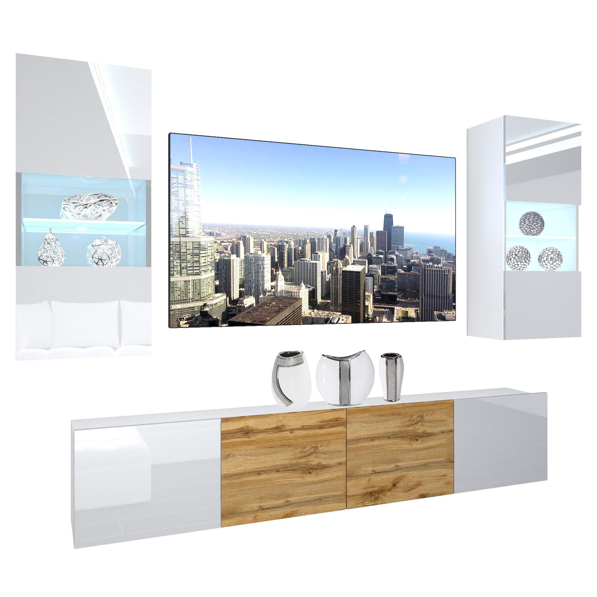 WOHNZIMMERWAND mit LED-Beleuchtung TV-Schrank Weiß/Eiche Wotan - Weiß/Braun, Holz (300/180/36cm) - B BELINI GROUP