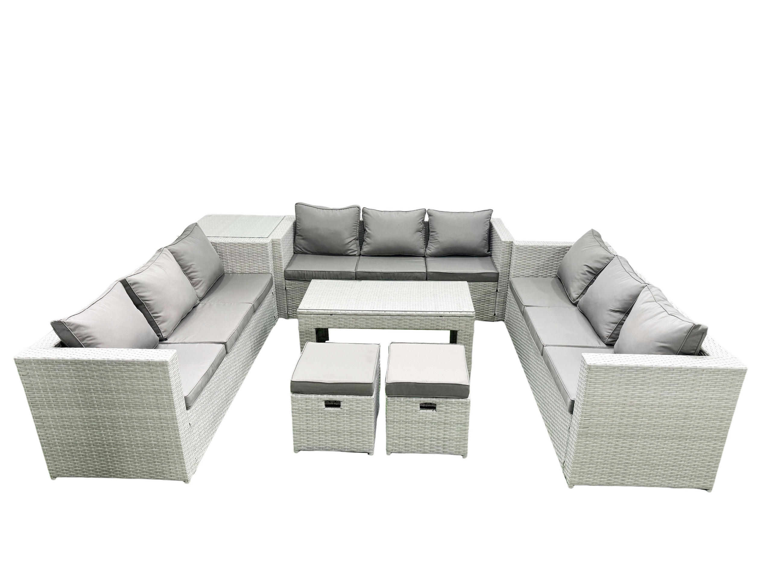 BALKONMÖBEL-SET Polyrattan Hellgrau-Mix 11-teilig - Hellgrau/Grau, Glas/Kunststoff - Fimous