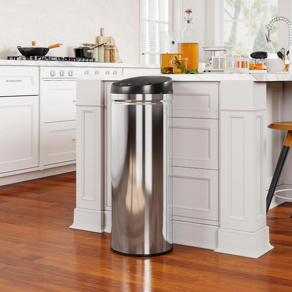 MÜLLEIMER 50L 30,5/30,5/85 cm Edelstahl Silber Automatik Küche - Silberfarben, Metall (30.5/85/30.5cm) - Rolipo