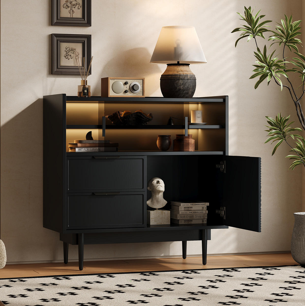 SIDEBOARD 80 cm in Schwarz mit Glastür und LED-Beleuchtung - Schwarz, Holzwerkstoff (80/80/35cm) - Flora Grace