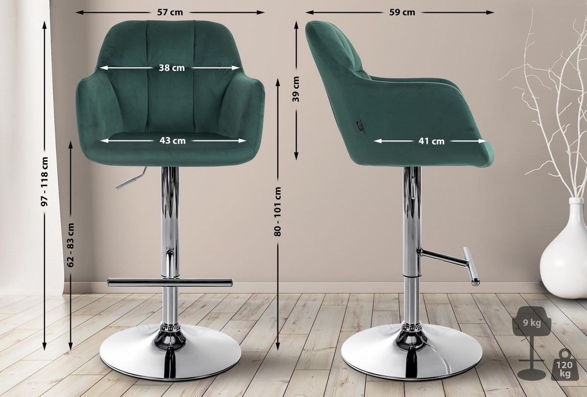 BARHOCKER Samt grün - Chromfarben/Grün, Textil (57/97/59cm) - CLP