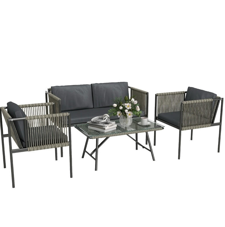 GARTENMÖBEL-SET 4-tlg. mit Sofa, 2 Sesseln und Tisch Rattan Grau - Grau, Metall - Beauniv