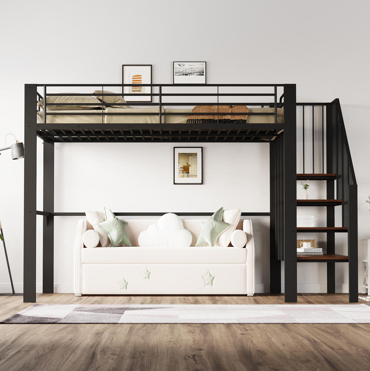 HOCHBETT 140/200 cm Schwarz mit Treppe und Stauraum aus Metall - Schwarz, Metall (140/200cm) - Flora Grace