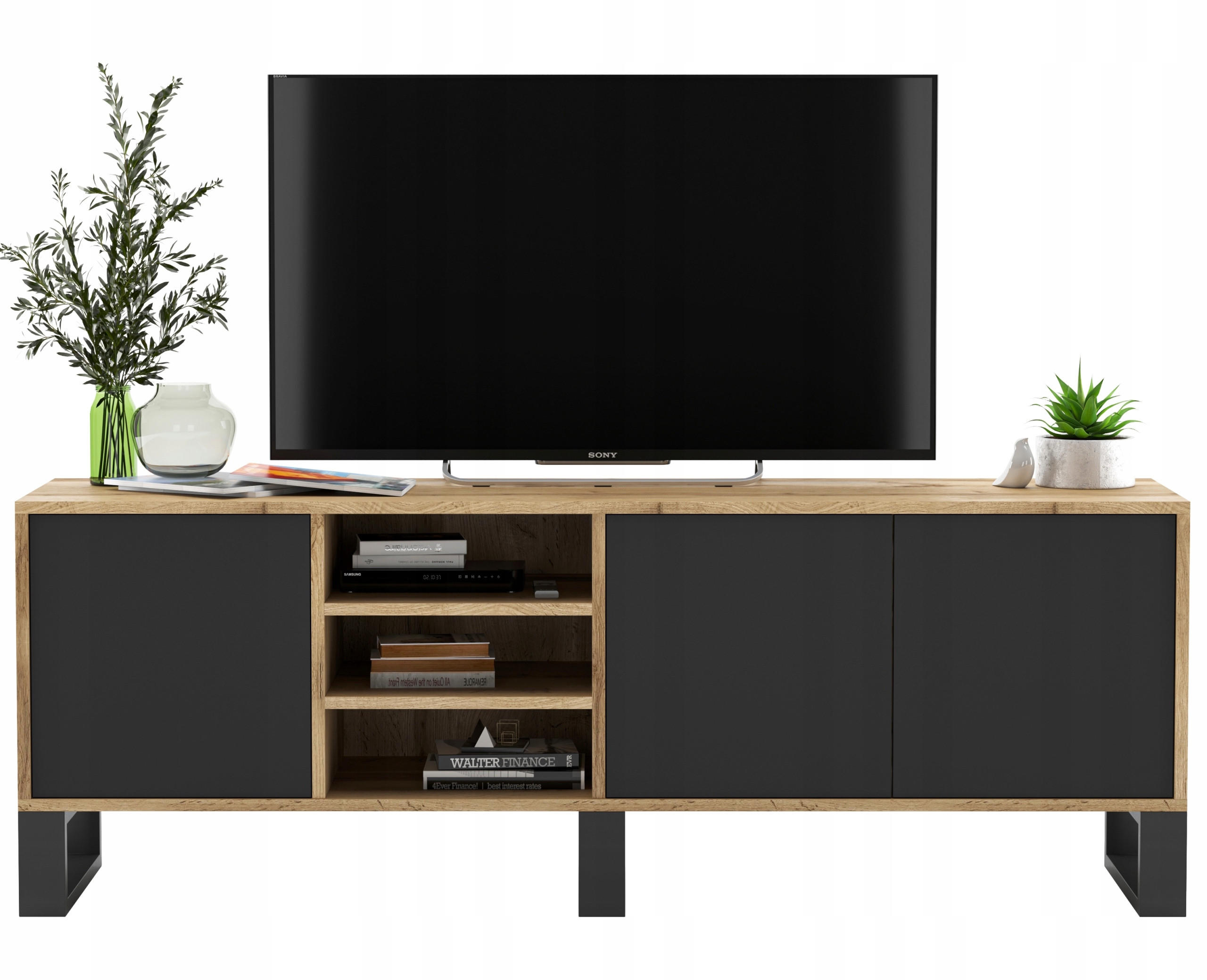 Meble Lindner TV stolek Apollo dub Wotan / černá matná 150 cm s kovovými nohami