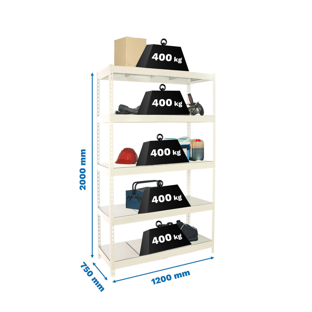SCHWERLASTREGAL Big Metal Yeti Five HxBxT 200 x 120 x 75 cm Fachlast 400 kg Weiß - Weiß, Metall (120/200/75cm) - PROREGAL