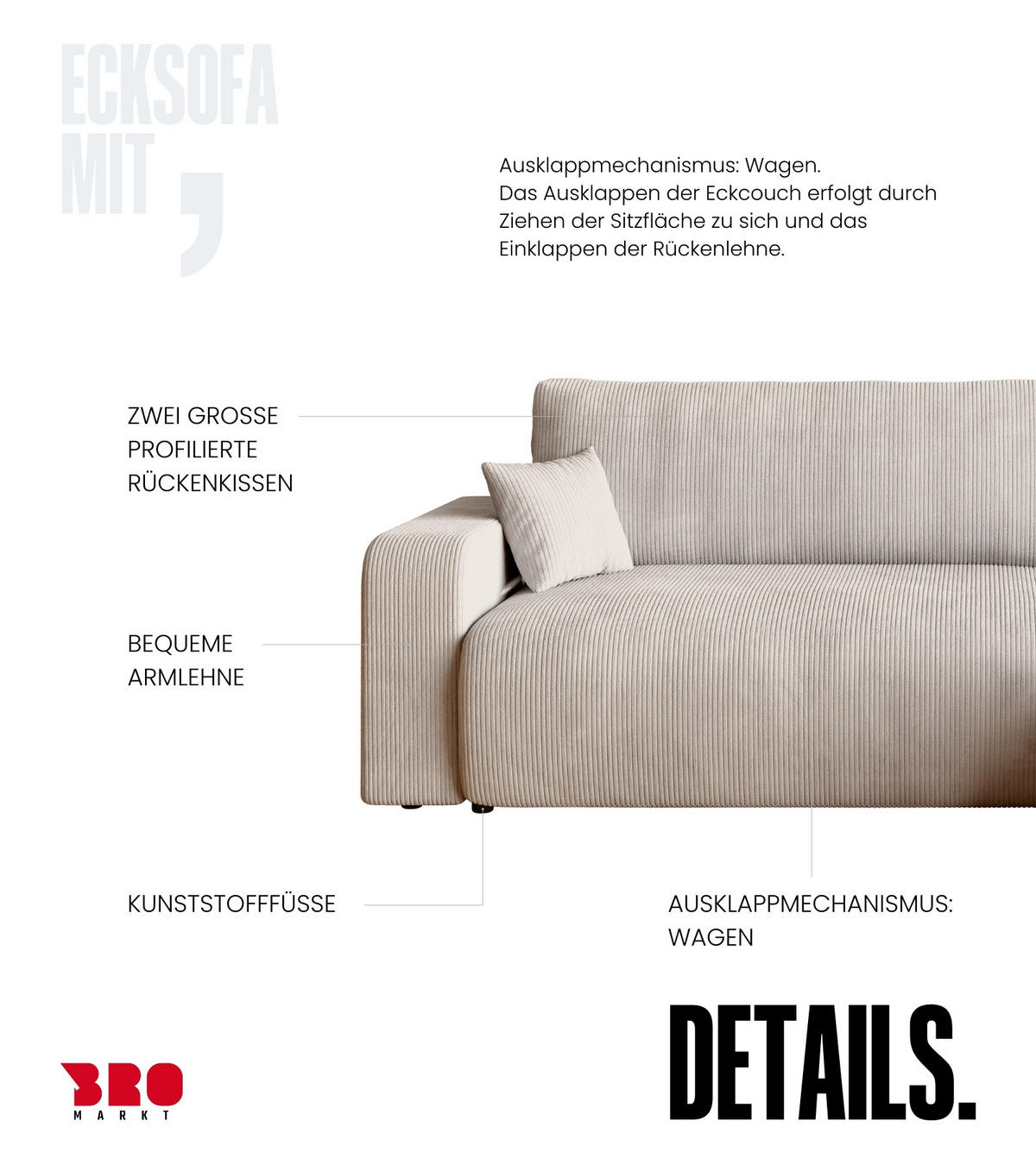 ECKSOFA PUMI mit Schlaffunktion Vanille Cord - Creme, Textil (244/148cm) - Bromarkt