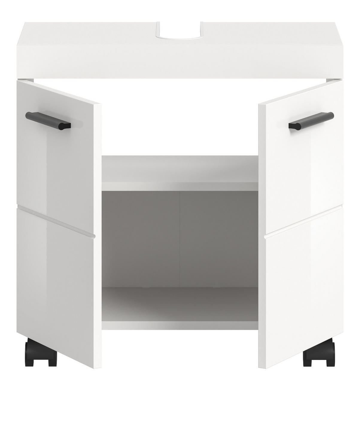 WASCHBECKENUNTERSCHRANK weiß Hochglanz 60 cm, Badezimmer Unterschrank auf Rollen - Weiß Hochglanz/Schwarz, Holzwerkstoff/Kunststoff (60/58/30cm) - Inn.Furn