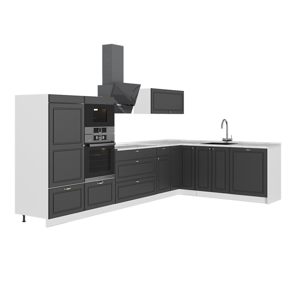 ECKKÜCHE Fame-Line, Anthrazit-Gold Landhaus/Weiß, 347 x 207 cm, AP Marmor - Anthrazit/Weiß, Holzwerkstoff (347/153.6/60cm) - Vicco