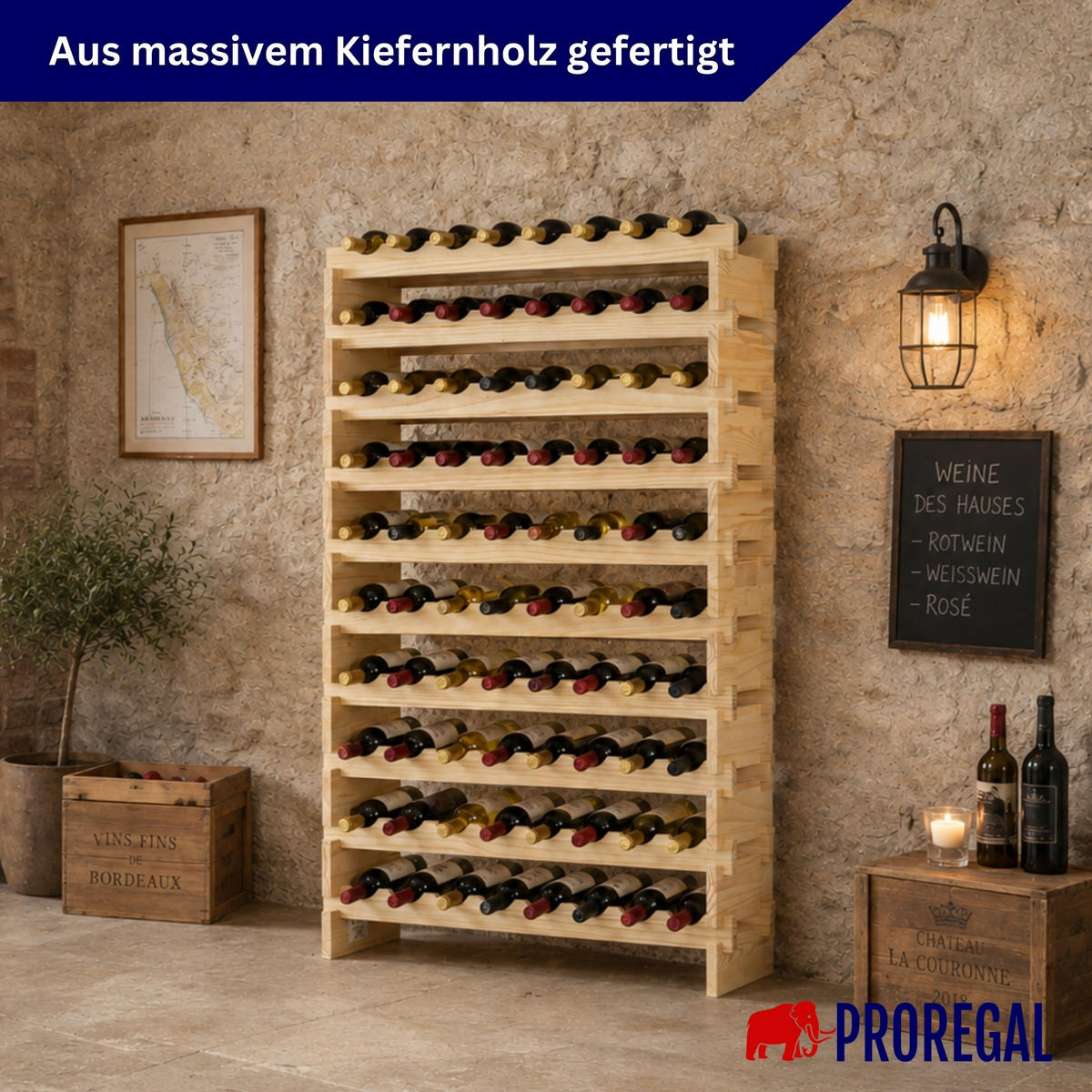 WEINREGAL NAVARRA aus Holz 135x84x28cm 80 Flaschen auf 10 Ebenen Natur unbehandelt - Naturfarben, Holz (84/135/28cm) - PROREGAL