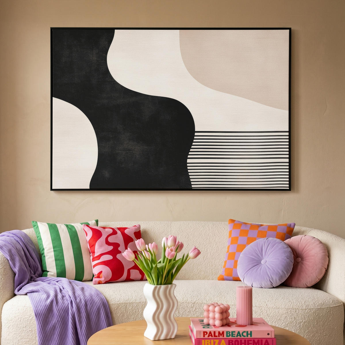 LEINWAND Bilder mit Rahmen - Abstrakt - Japandi - Beige - Modern - 120x80 - Schwarz, Textil (120/80cm) - MuchoWow