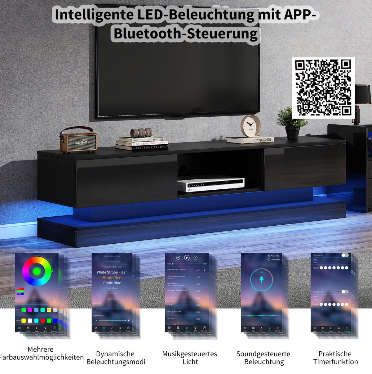 LOWBOARD 160/35/40.5 cm Schwarz aus Spanplatte mit LED-Beleuchtung und 2 Schubladen - Schwarz, Holzwerkstoff (35/40.5/160cm) - OKMYHOME