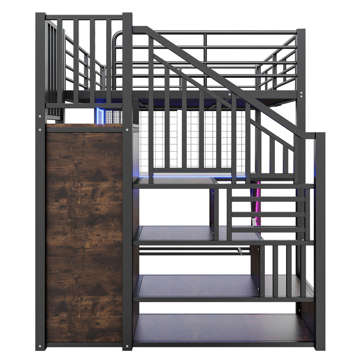 HOCHBETT 140/200 cm DE-04920, mit LED, Schreibtisch und Ablageleiter in Schwarz - Schwarz, Metall (140/200cm) - ComfortXL