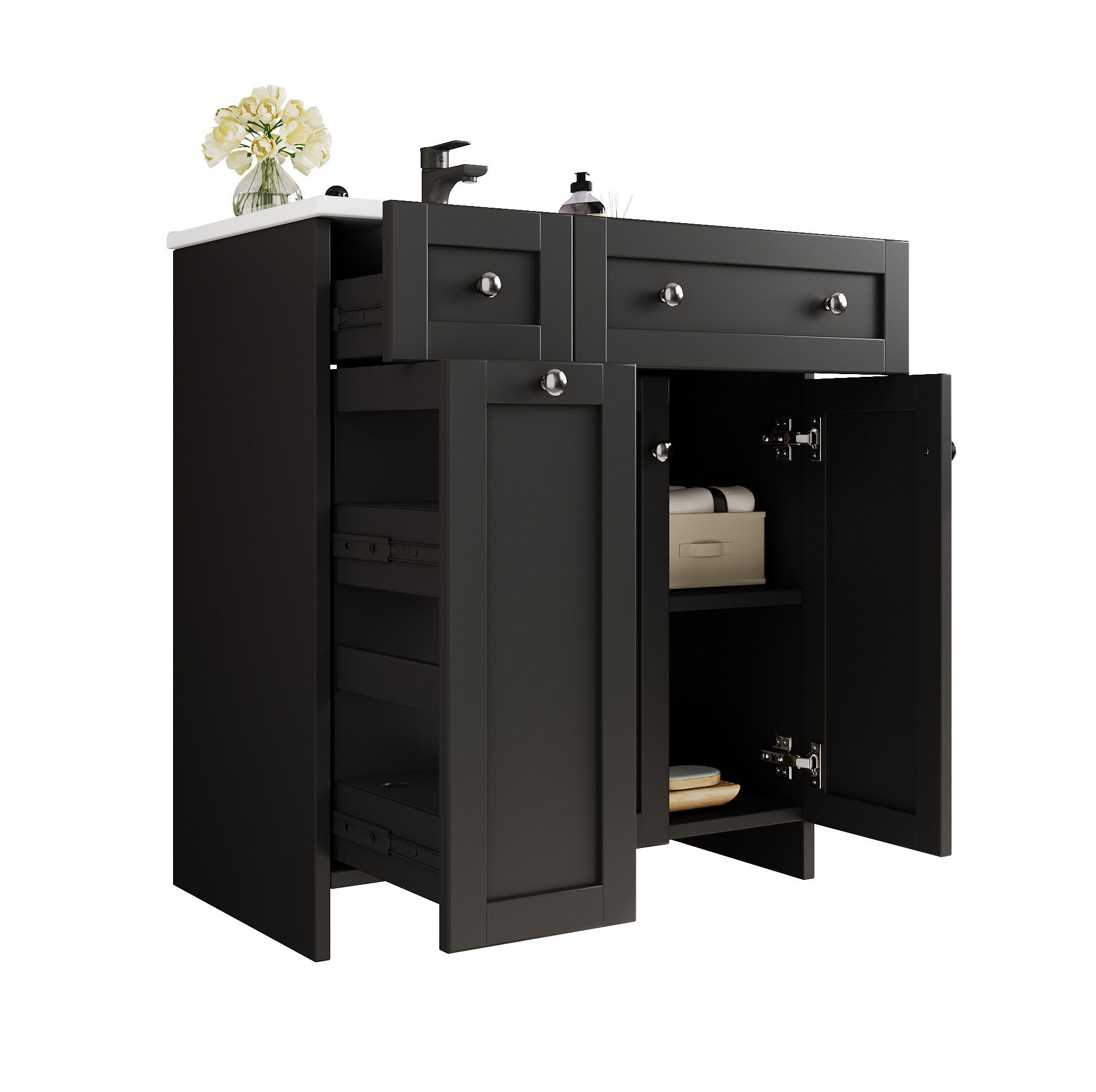 BADEZIMMERWASCHTISCH aus MDF und Keramik 76x47x86 cm Schwarz mit Stauraum und Soft-Close - Schwarz, Keramik (76/86/47cm) - Modfu