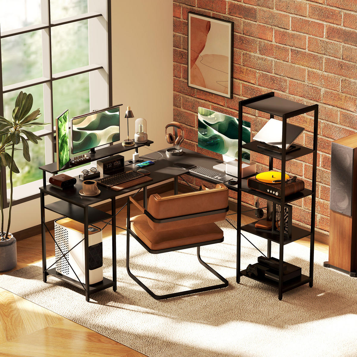GAMING-TISCH L-förmig, Schreibtisch mit Steckdose, USB, 137 x 140 x 139,5 cm Schwarz - Schwarz, Holzwerkstoff (140/137/139.5cm) - HOMCOM