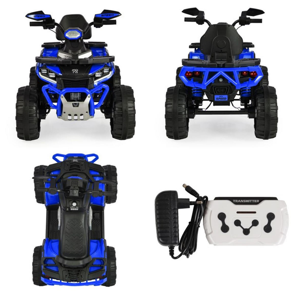 KINDERELEKTROQUAD Speed blau Kunststoffreifen Fernbedienung Scheinwerfer Musik - Blau, Kunststoff (110/68/89cm) - Moni