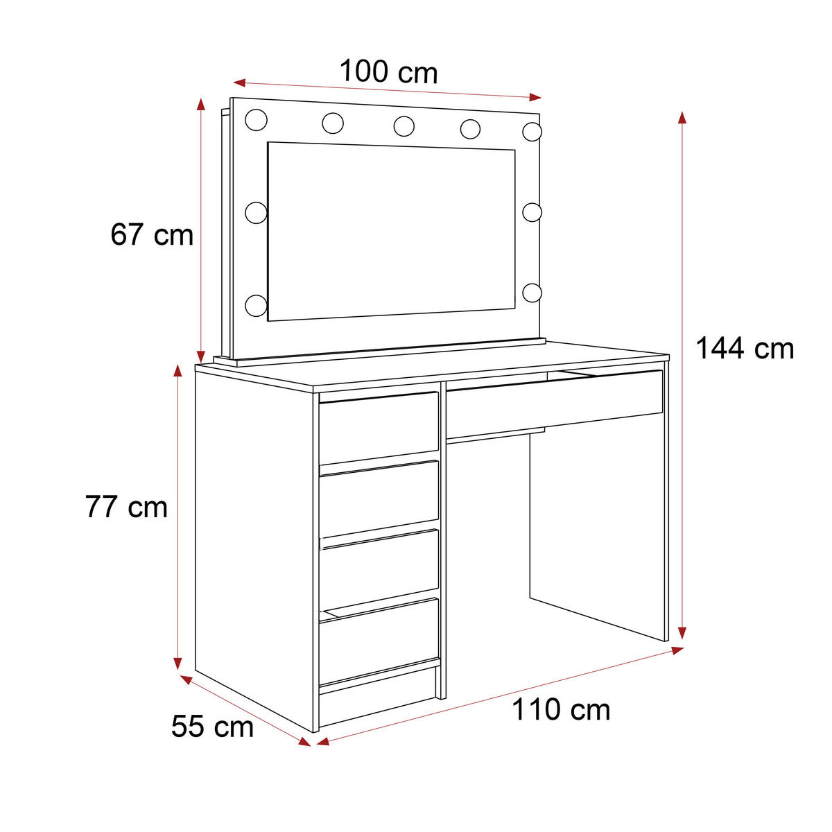 SCHMINKTISCH BELLA II mit LED-Beleuchtung und Spiegel, 110 cm Weiß matt - Weiß, Holzwerkstoff (110/77/55cm) - Idohome