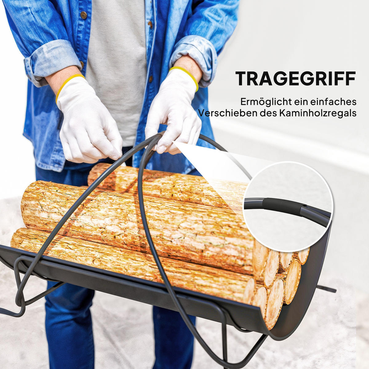 KAMINHOLZREGAL für innen 51 x 38 x 33cm geometrische Brennholzregal mit Griff - Schwarz, Metall (38/33/51cm) - Outsunny