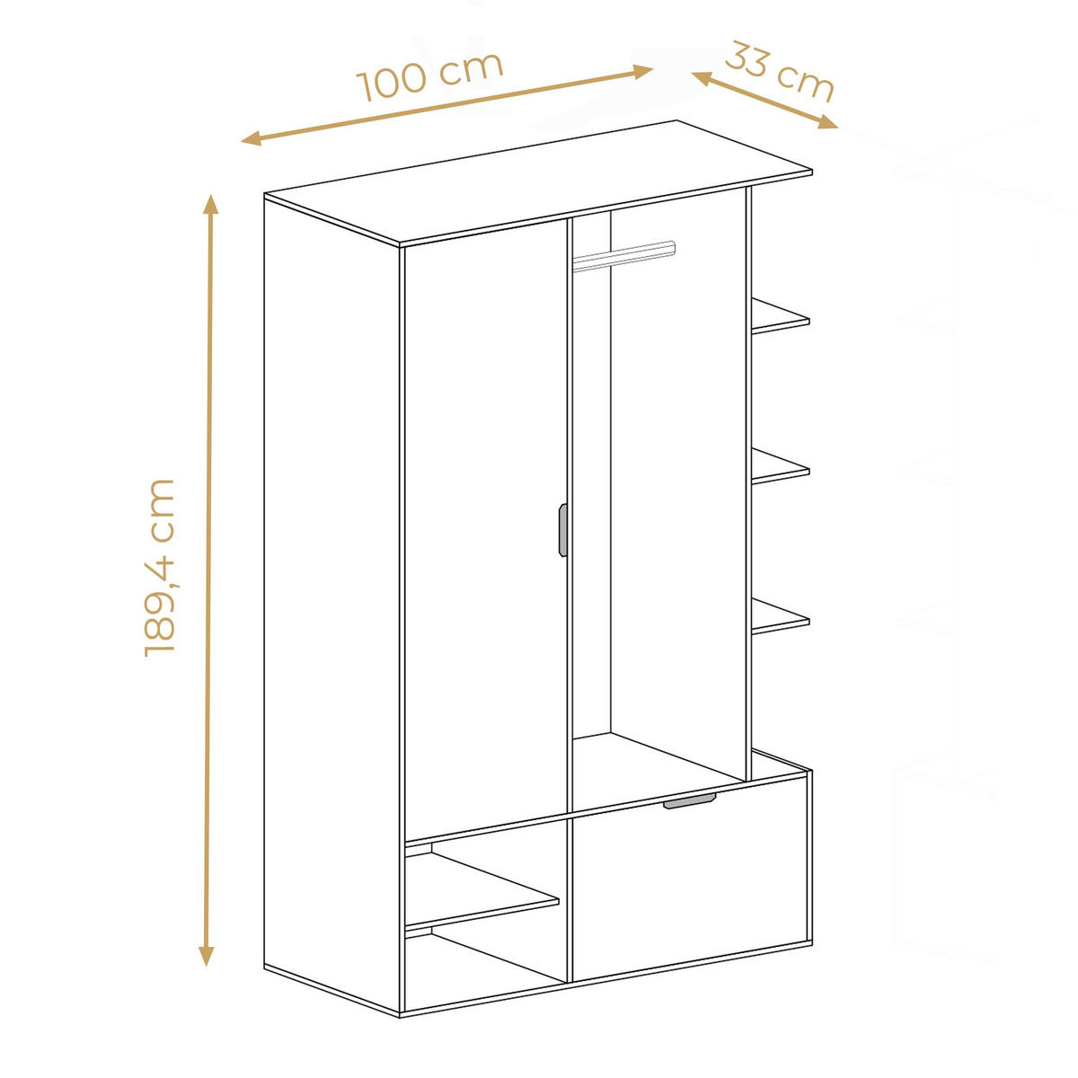GARDEROBENSCHRANK Nemrut Weiß 100/189/33 cm – Modern, mit Spiegel und viel Stauraum - Weiß, Holzwerkstoff/Kunststoff (100/189.4/33cm) - AX Living