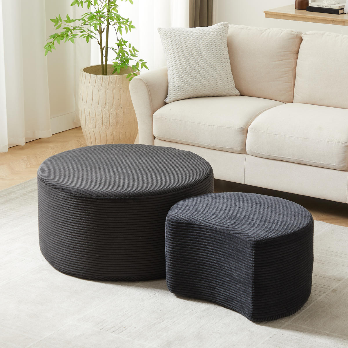 COUCHTISCH in Schwarz runder Kaffeetisch aus Schaumstoff, Set mit 2 Stück für Wohnzimmer, B127/T81/H40cm - Schwarz, Textil (81/126/40cm) - STILVORA