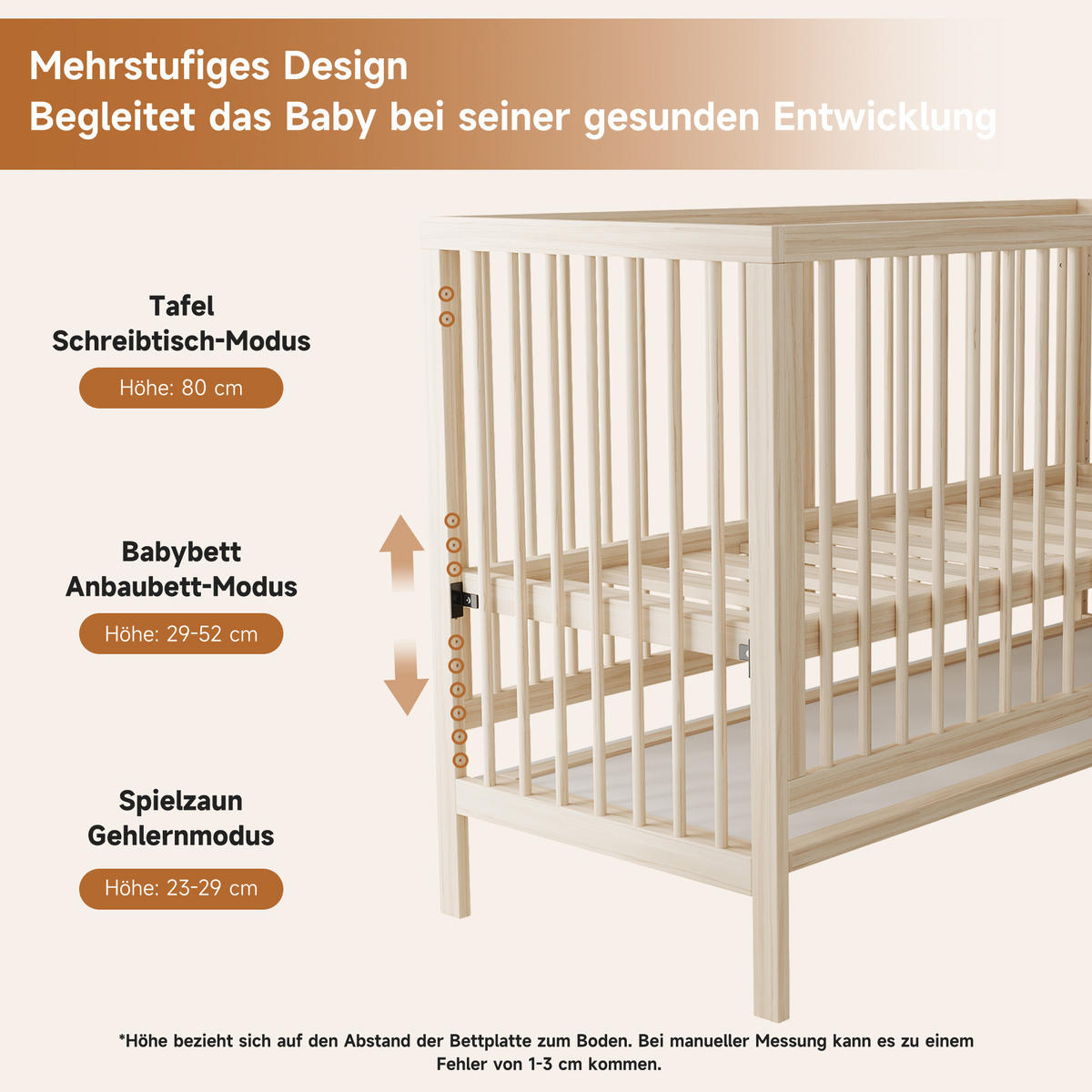 KINDERBETT 60/140 cm in Natur aus Massivholz höhenverstellbar und umwandelbar - Naturfarben, Holz (60/140cm) - WISHDOR