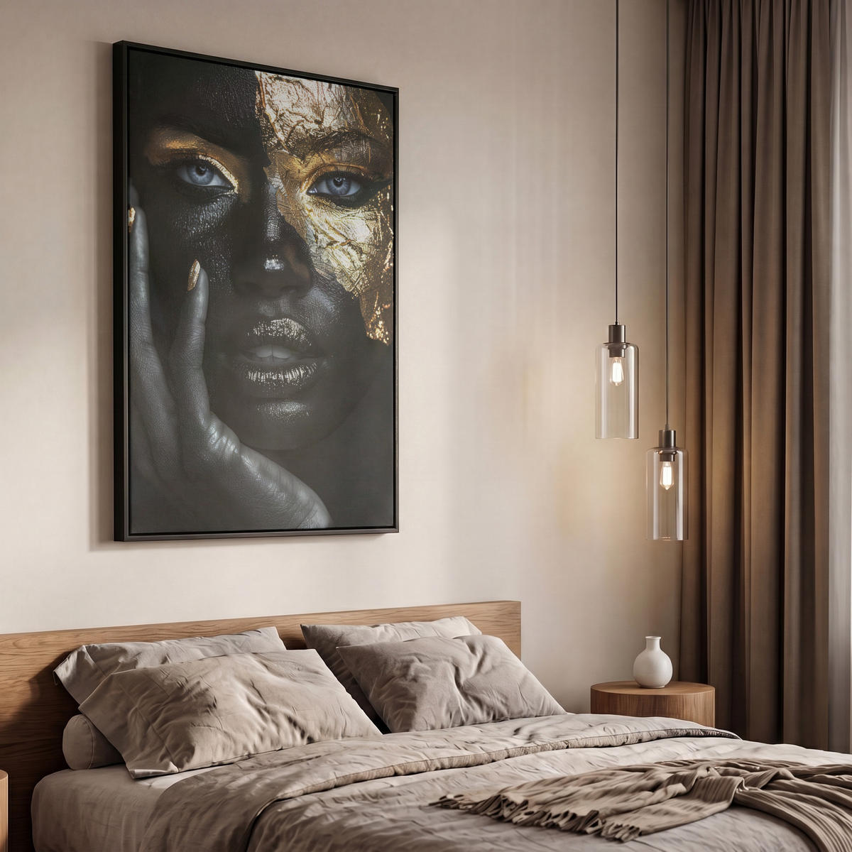 LEINWAND Bilder mit Rahmen - Frau - Gold - Porträt - Schwarz-Weiß - Luxus - 60x90 - Hellblau, Textil (60/90cm) - MuchoWow