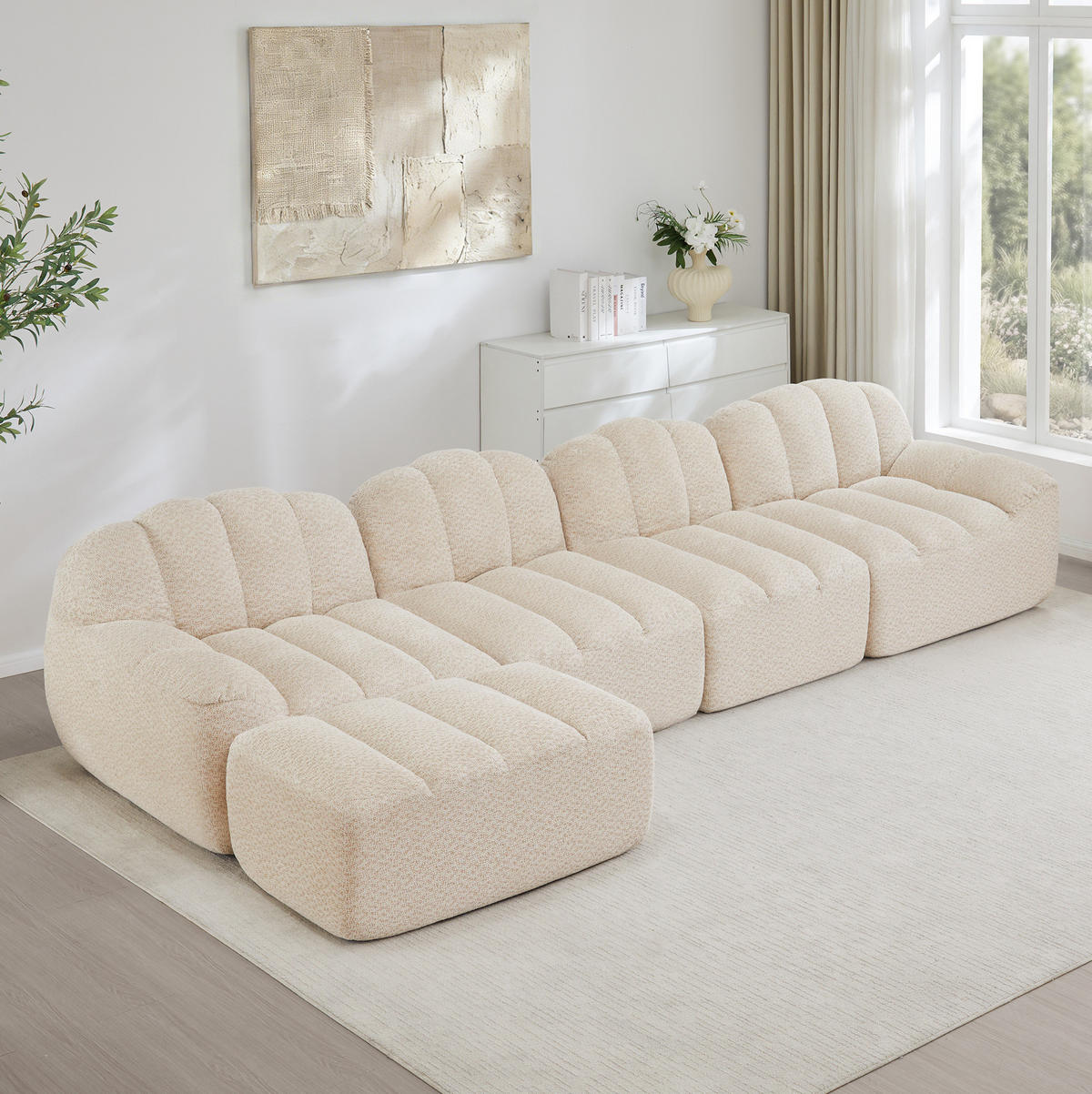 SOFA modular 4-Sitzer mit Ottoman Granulierter Fleece Beige White - Beige, Kunststoff (165/366cm) - Meubliv