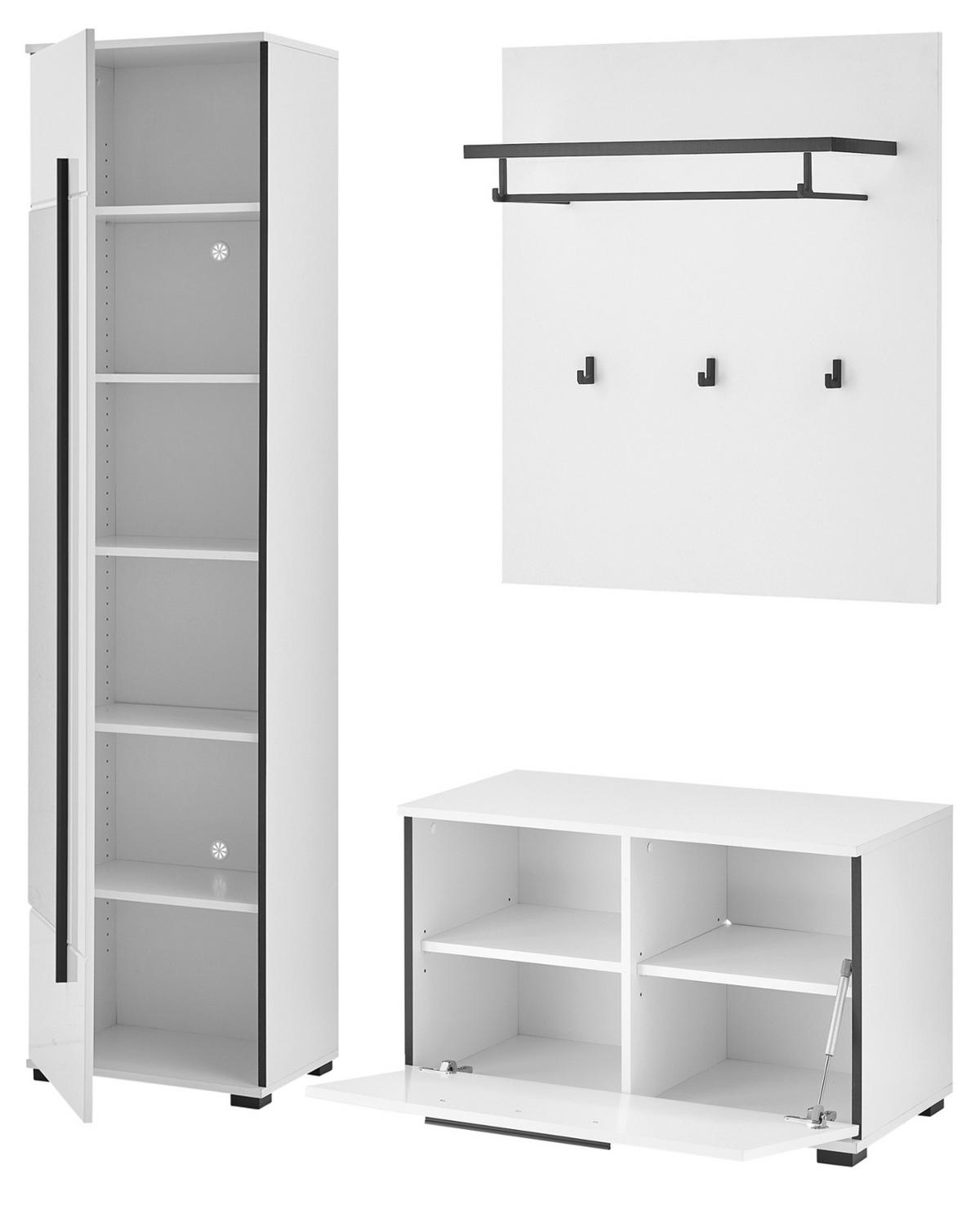 GARDEROBEN-SET weiß Hochglanz 4-teilig 140 cm, Flurgarderobe mit Spiegel - Weiß Hochglanz/Dunkelgrau, Glas/Holzwerkstoff (140/200/40cm) - Furn.Design
