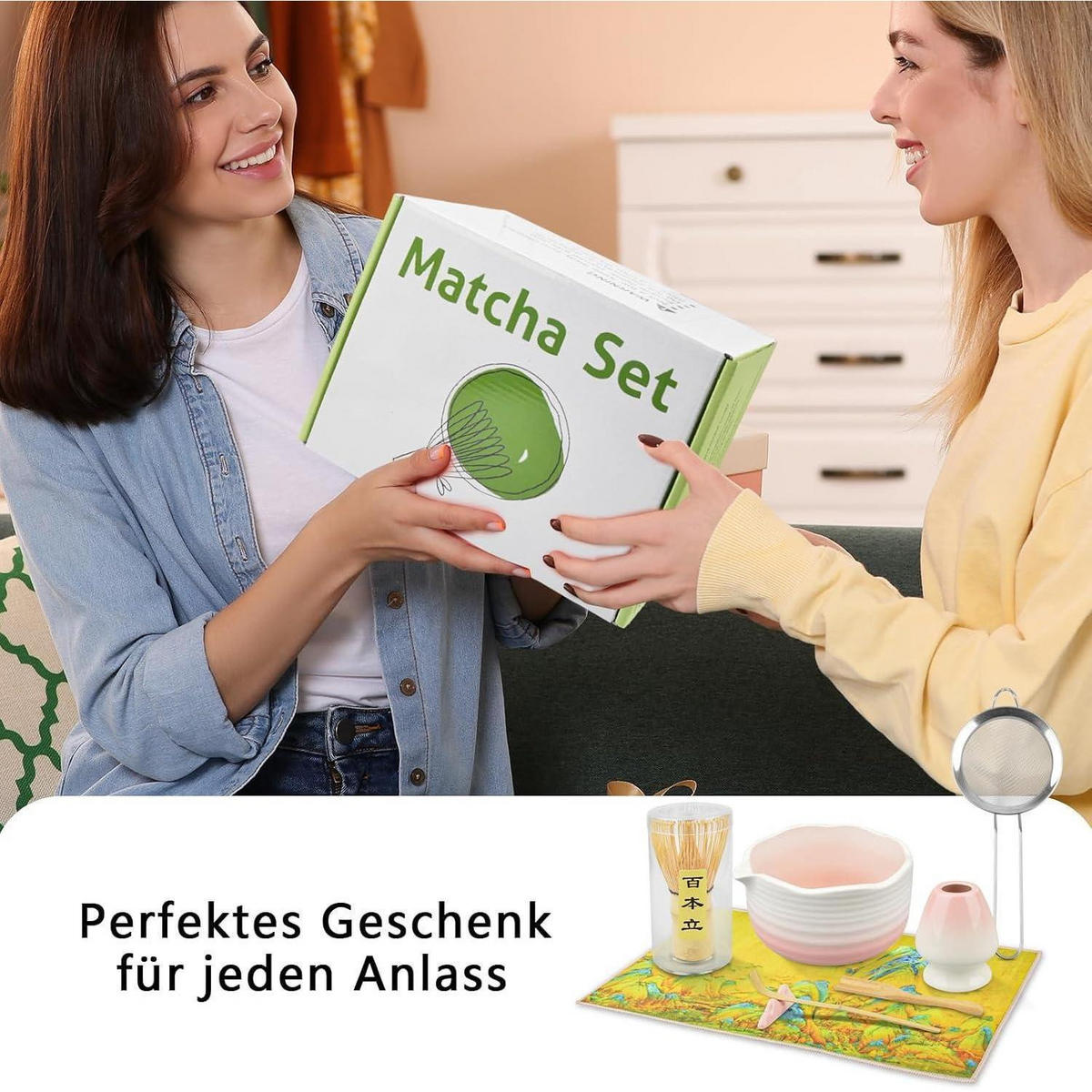 MATCHA Set 8-teilig mit Schale und Bambusbesen - Pink, Keramik (20.3/1/29.5cm)