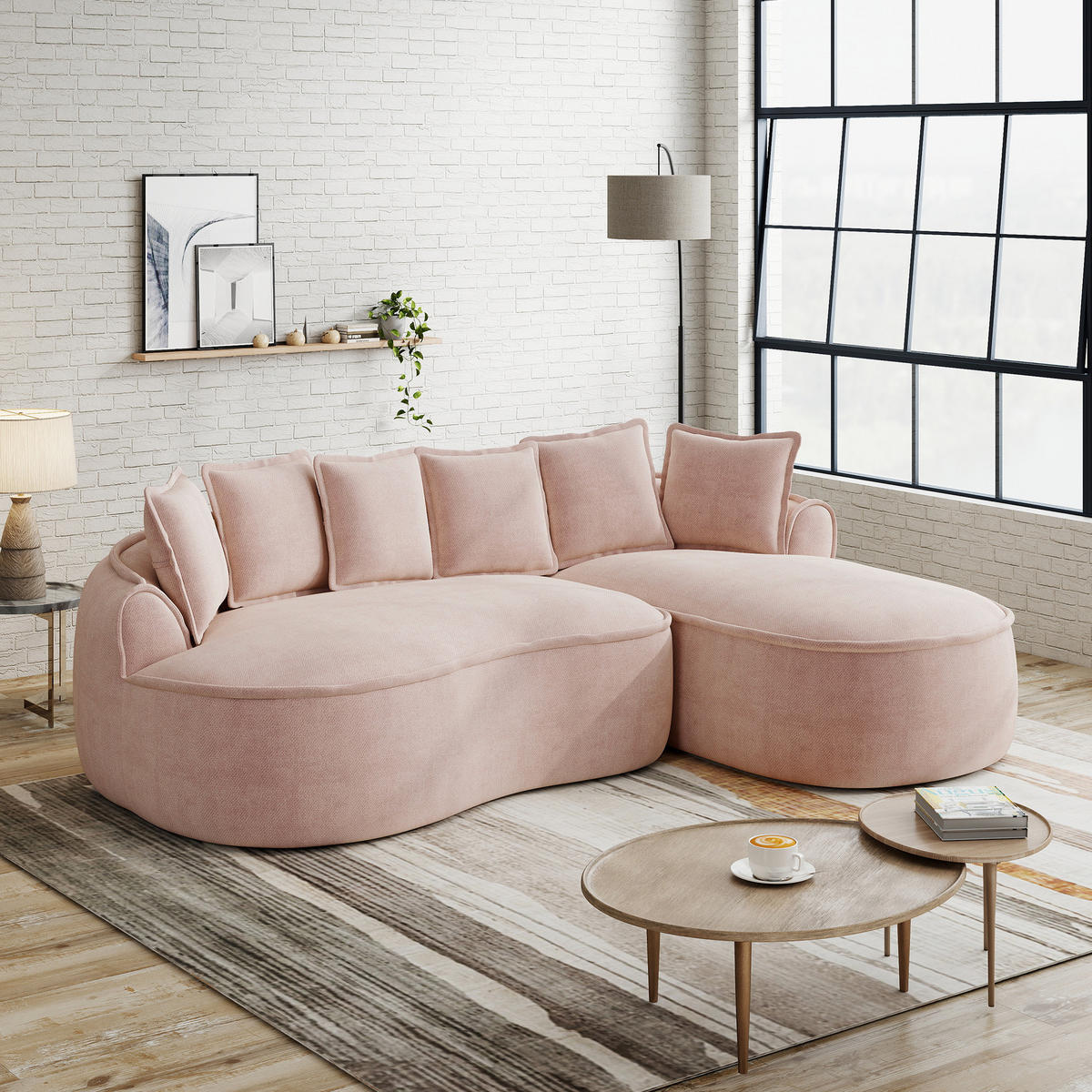 ECKSOFA 252/164/67 cm pink aus Chenille rahmenlos mit tiefer Chaiselongue - Pink, Textil (164/252cm) - OKWISH