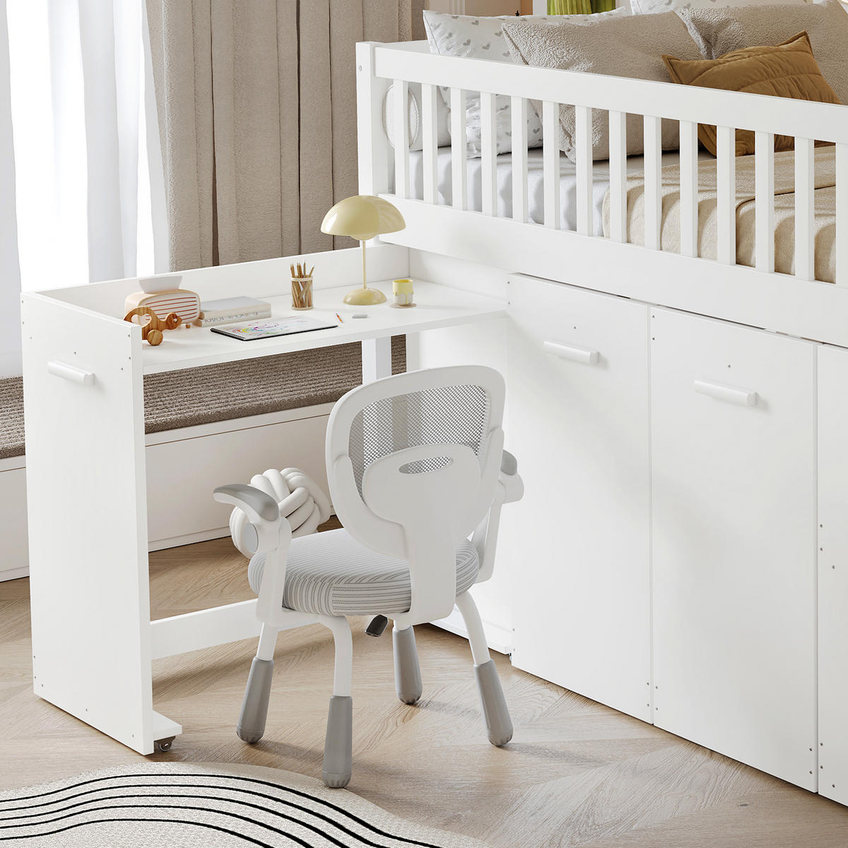 ETAGENBETT 90/200 cm in Weiß mit Schreibtisch, 3 Schränken und Stauraumtreppe - Weiß, Holz/Holzwerkstoff (90/200cm) - CHICFURN