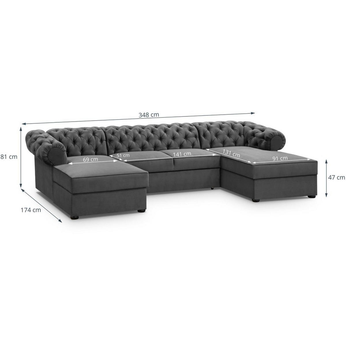 WOHNLANDSCHAFT Chester im Chesterfield-Stil, Grau - Schwarz/Grau, Textil (348/81/174cm) - Beautysofa