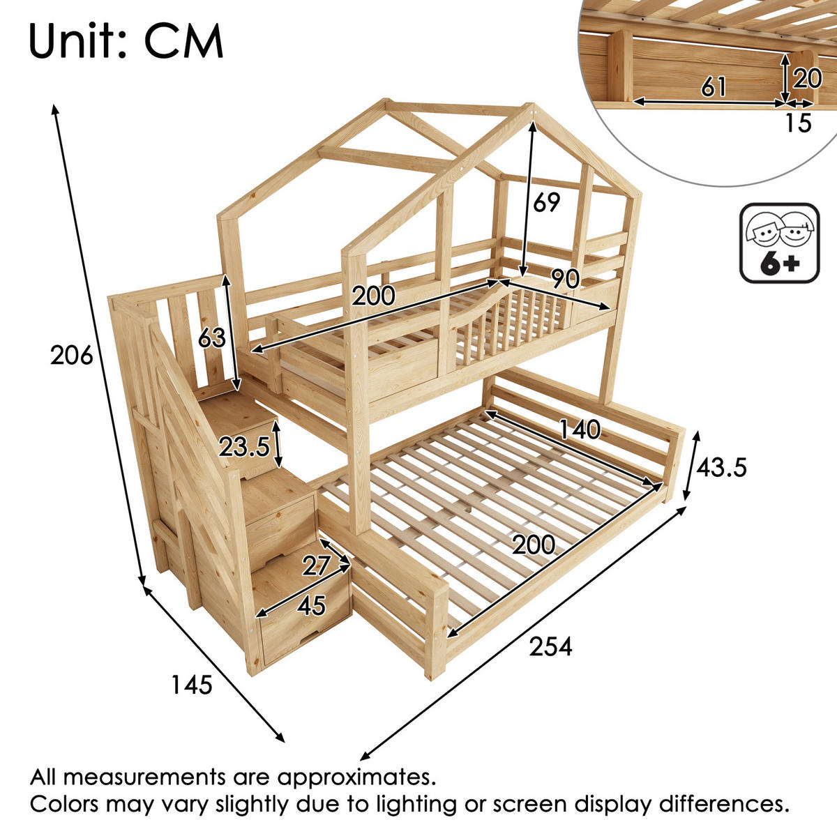 ETAGENBETT 90/200 cm und 140/200 cm mit Treppenschrank ohne Matratze - Naturfarben, Holz (140/200cm) - MIVRAY