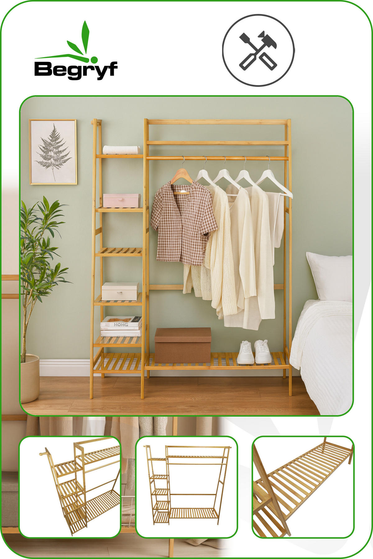 BAMBUSREGAL Bambus Naturfarben mit Seitenregal 140 x 130 x 40 cm - Naturfarben, Holz (130/140/40cm) - Begryf