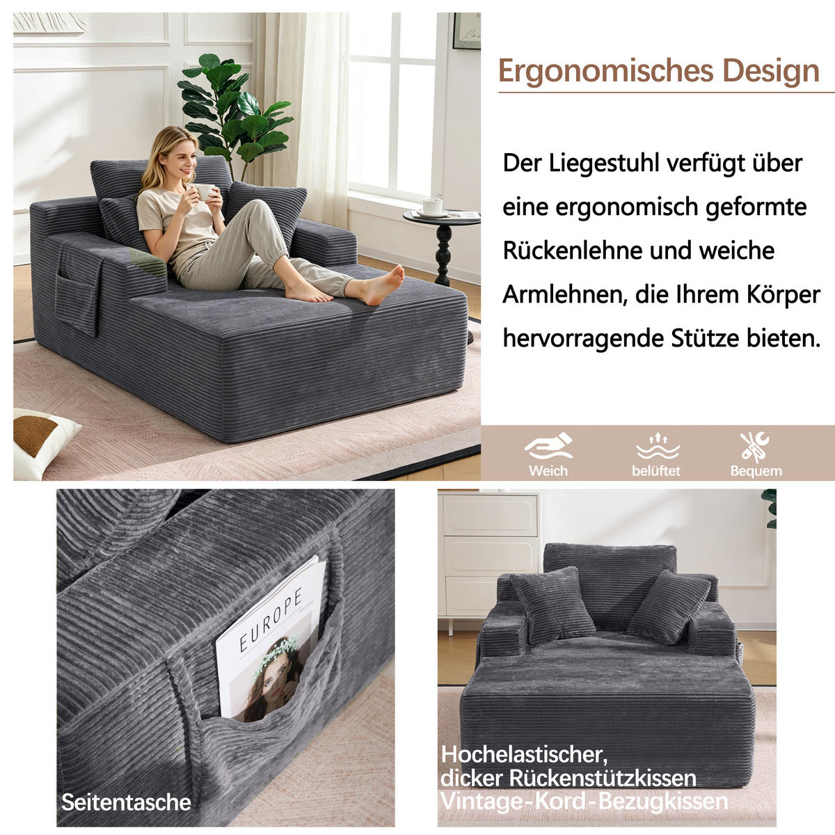 SCHLAFSOFA aus Cord mit Seitentaschen, weichen Kissen und Federkern - Dunkelgrau, Textil (110/150/70cm) - EVRYAE